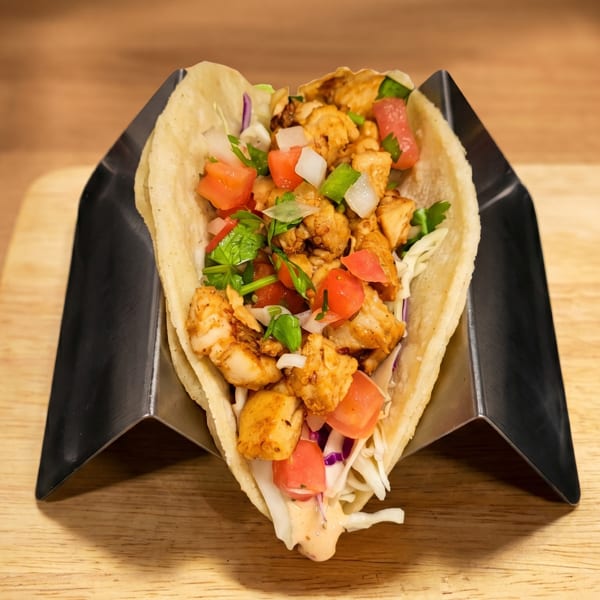 A chicken taco with diced tomatoes, onions, and cilantro in a metal holder on a wooden surface.