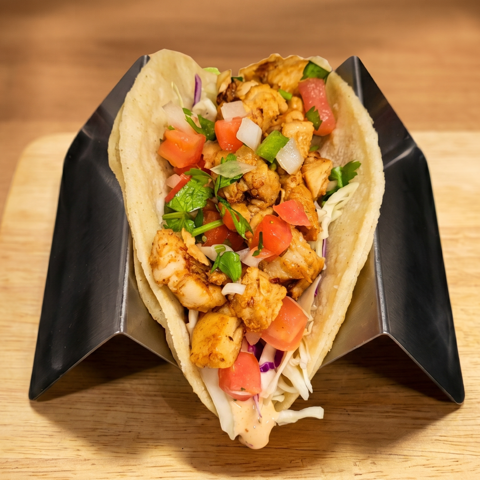 A chicken taco with diced tomatoes, onions, and cilantro in a metal holder on a wooden surface.