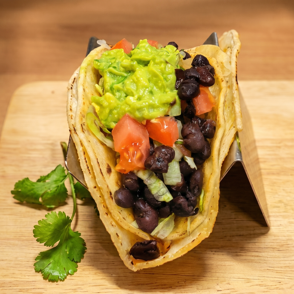 A vibrant taco filled with guacamole, black beans, diced tomatoes, and lettuce on a wooden board.
