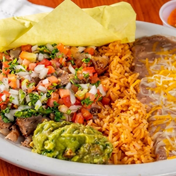 A plate of Mexican food with carnitas, pico de gallo, rice, refried beans, and guacamole.