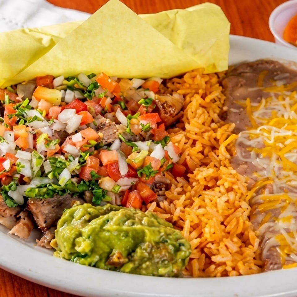 A plate of Mexican food with carnitas, pico de gallo, rice, refried beans, and guacamole.